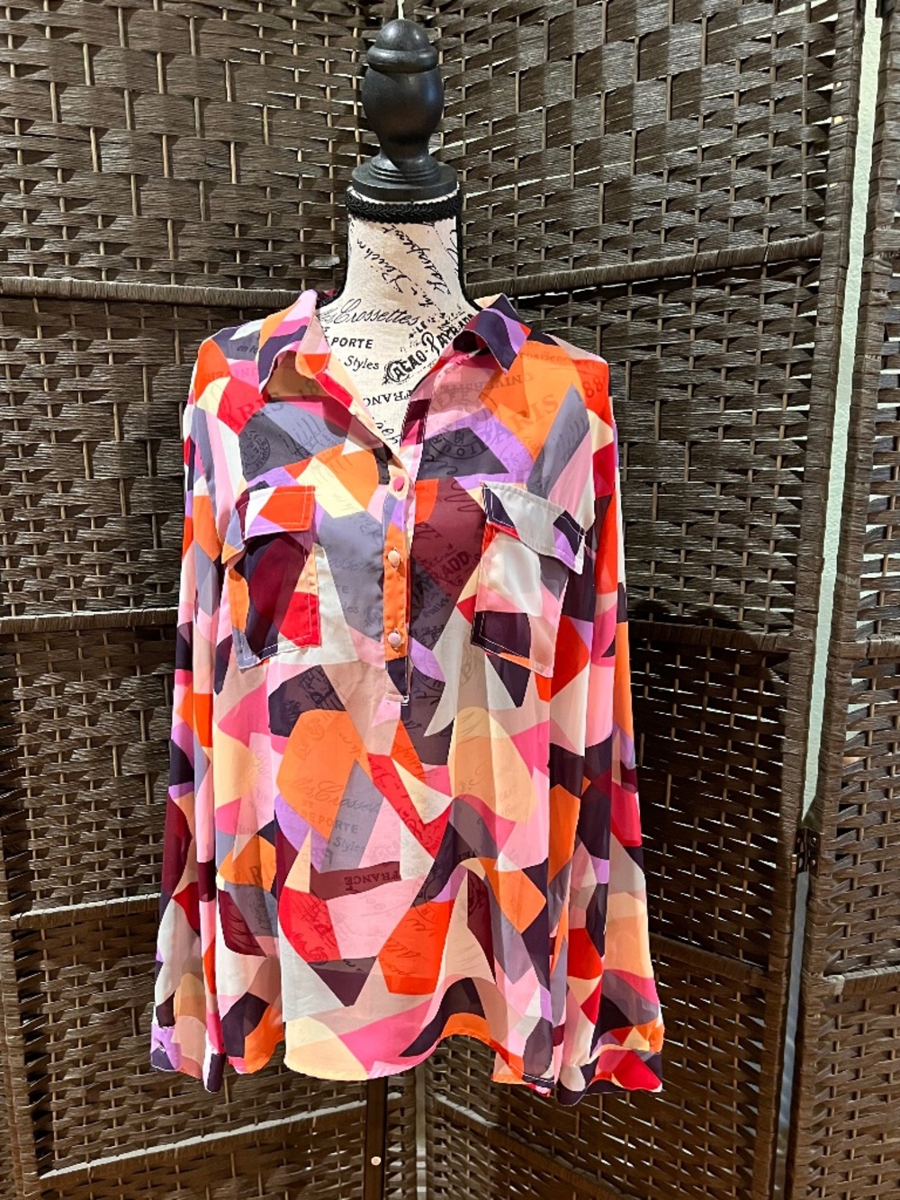 Liz Claiborne Vivid Geometric Colorblock Sheer Blouse Size XL